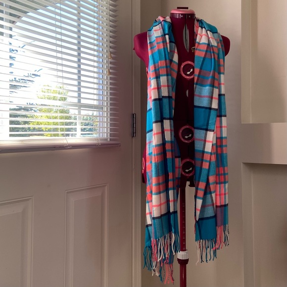 Blue stripe plaid fringed edged soft cashmere feel women scarf. Size Large. Used - Picture 1 of 8